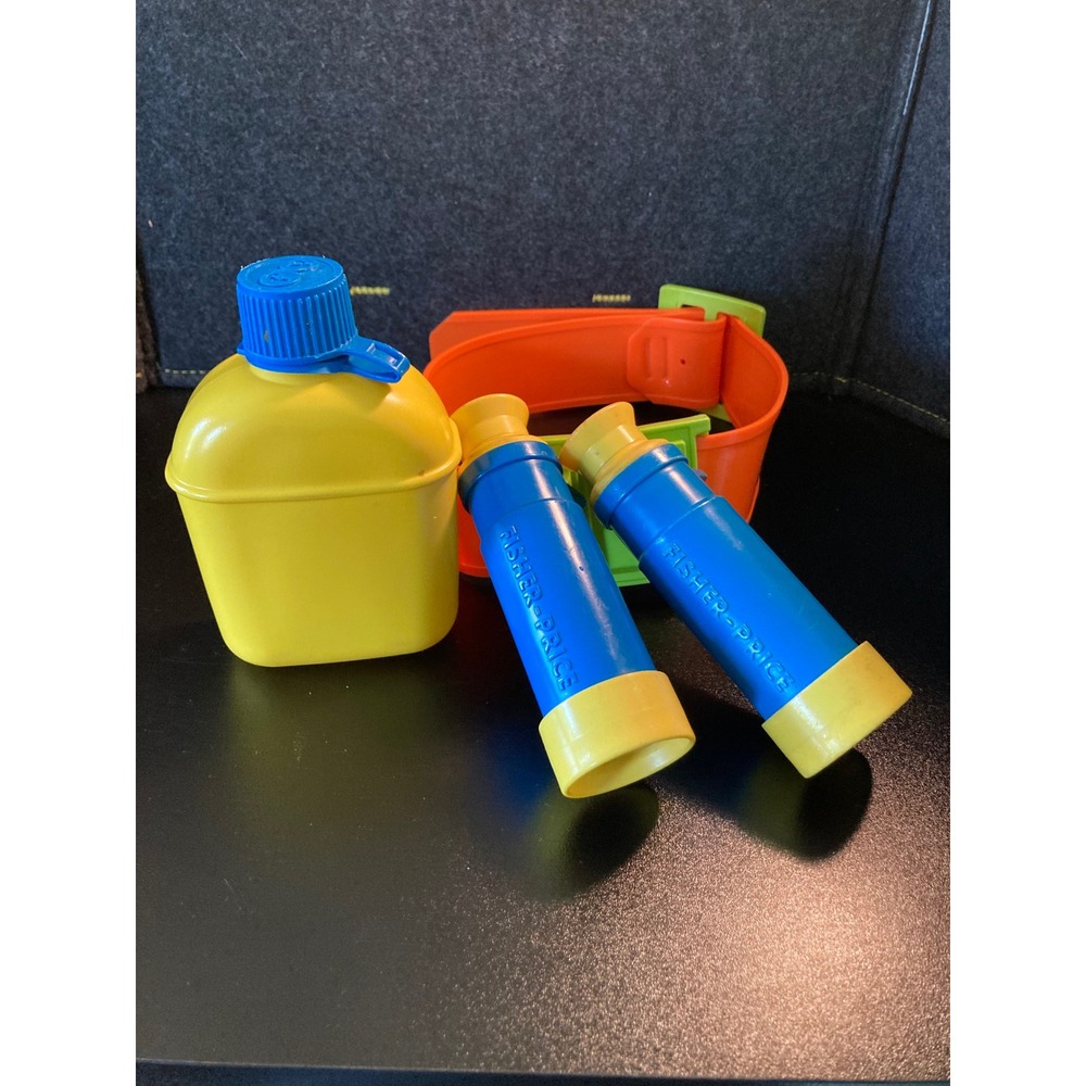 Vintage 1980 Fisher Price 920 Camping Toy Set Canteen Binoculars Belt USA Hiking